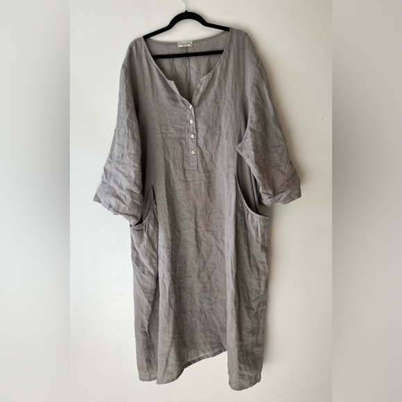 Sold Terzo Millennio Short Sleeve Linen Midi Lagenlook Midi Dress Gray - XL - Picture 2 of 12